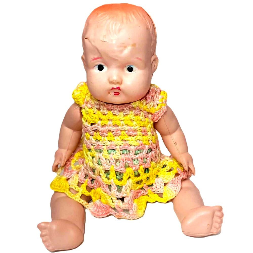 8" Sweet Vintage Celluloid Baby Doll With Crocheted Outfit